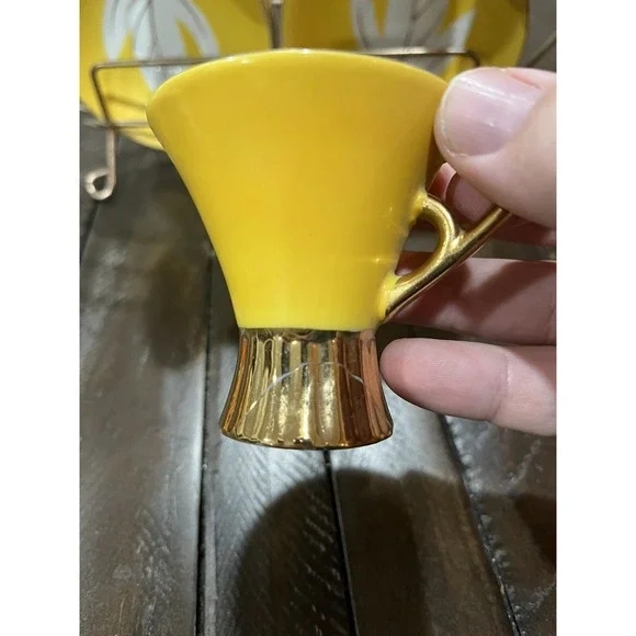 Vintage Napco Tea Set Yellow Gold Rack Leaf Saucer 4ZD-5415 Porcelain‎ Set Of 6